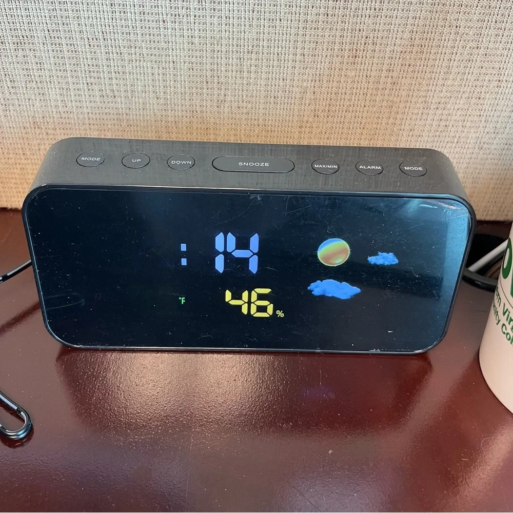 Black Digital Alarm Clock with indoor temp and humidity